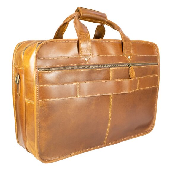Men's Genuine Leather Vintage Weekender Bag, Briefcase Bag Satchel, Tan - Picture 7 of 15